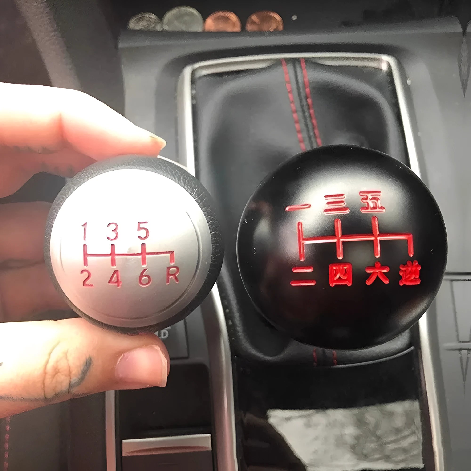 Aluminium alloy round car gear shift head shown in one of five available style variations.