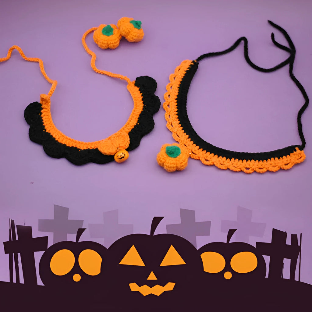 Hand-crocheted wool Halloween collar for cats and dogs in pumpkin colours with adjustable sizing