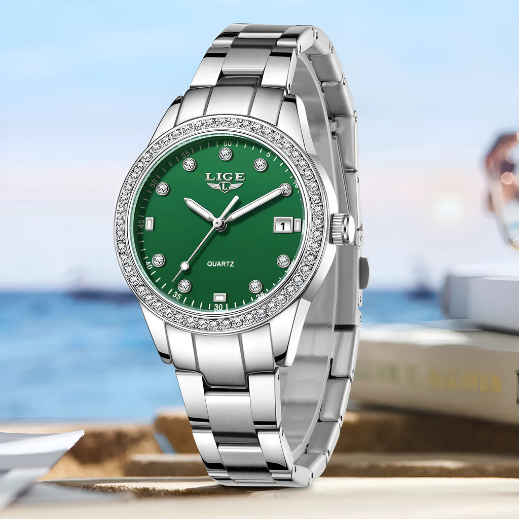 Fashion Girl quartz watch with diamond-encrusted bezel, silver stainless steel bracelet, round 34mm dial with luminous hands