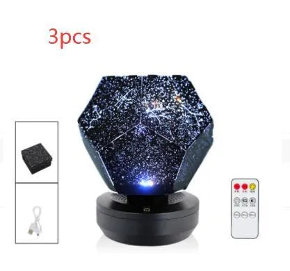 LED starry sky projector showing constellation projection on bedroom ceiling with remote control