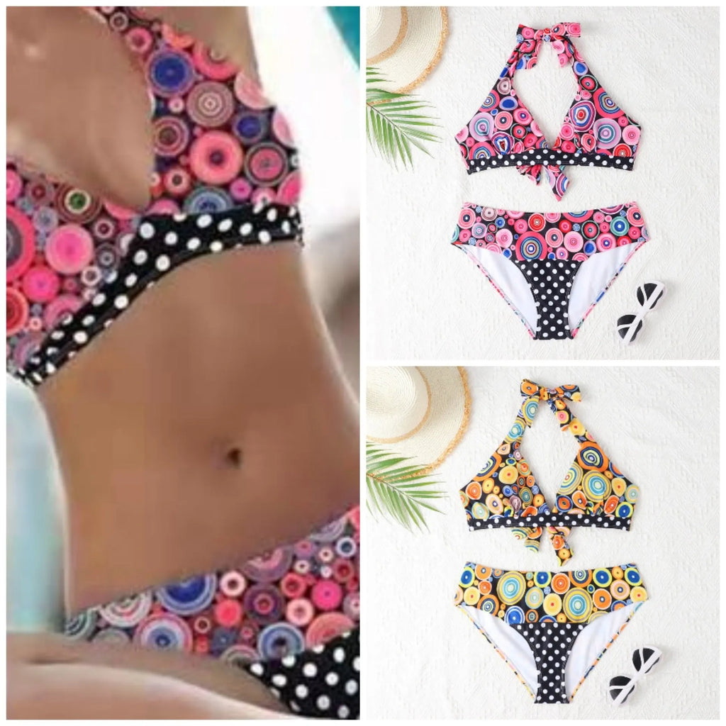 Women's printed high waist split bikini suit in floral pattern, polyester spandex, sizes S to 2XL