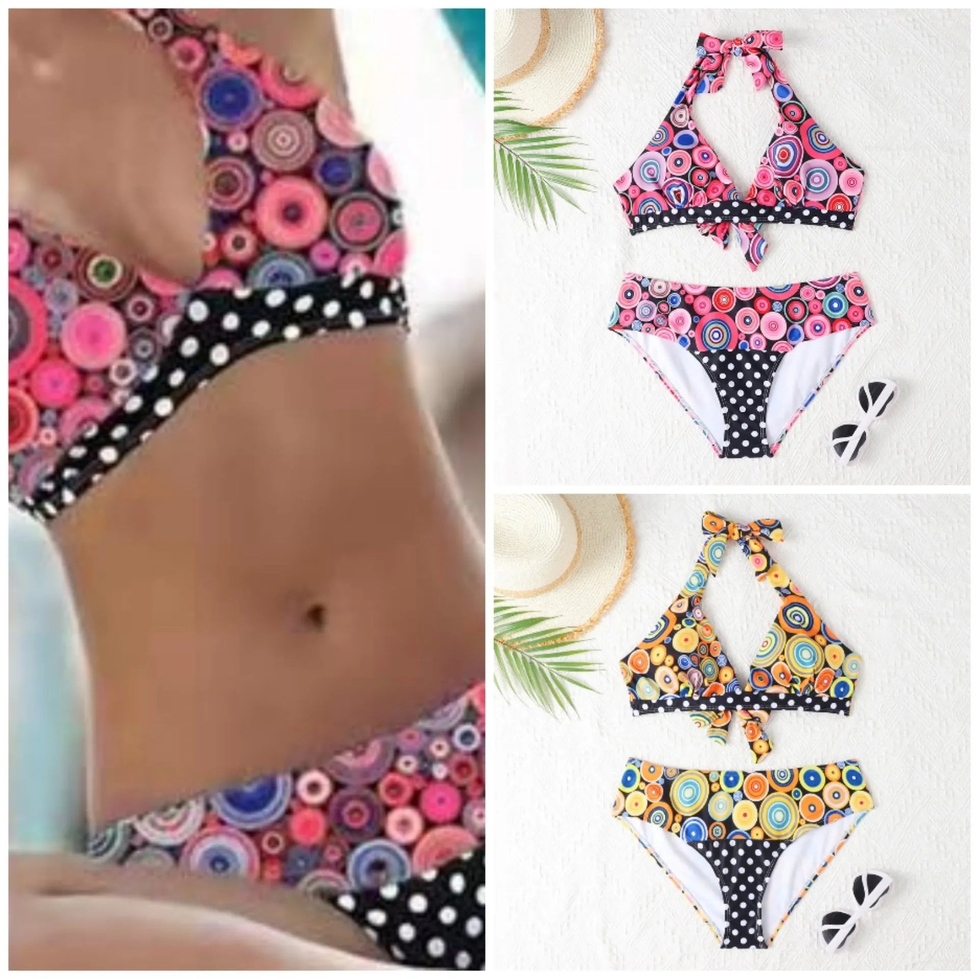 Women's printed high waist split bikini suit in floral pattern, polyester spandex, sizes S to 2XL