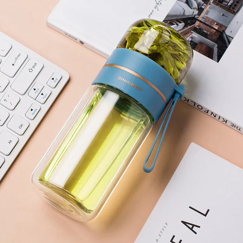 Double wall glass water bottle with tea infuser filter, leakproof, high borosilicate, stainless steel strainer, portable rope, 400ml