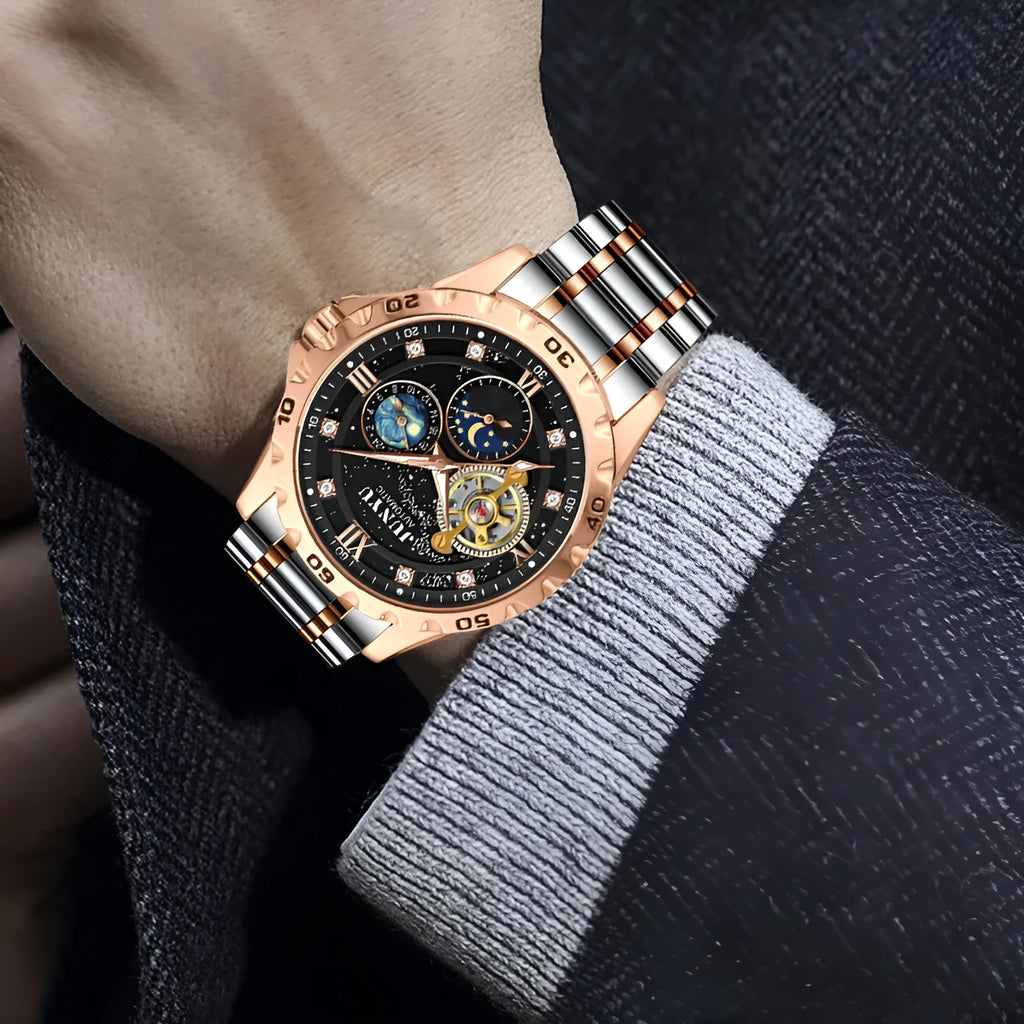 Men's automatic mechanical waterproof watch in rose gold, silver, or gold case with black starry sky, blue, or gold dial