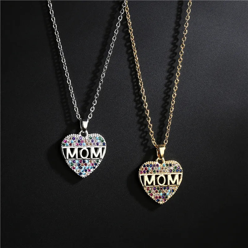 Peach heart MOM pendant necklace in gold colour, copper material, on adjustable chain