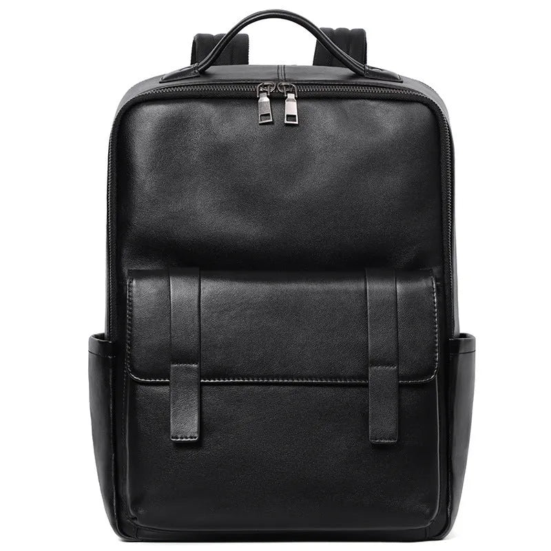 Black genuine leather men's computer backpack with a large main compartment.