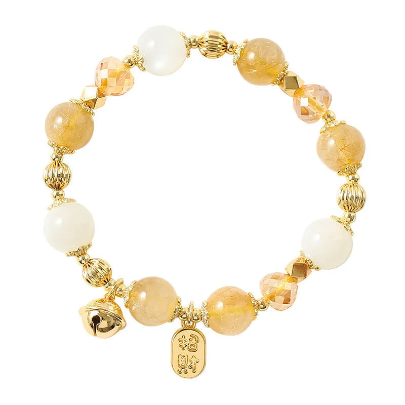 Korean style gold rutilated quartz crystal bracelet with electroplated lucky fortune colour tones