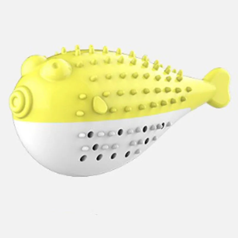 Silicone fish-shaped cat chew toy in blue, green, pink, or yellow colours for reducing destructive chewing