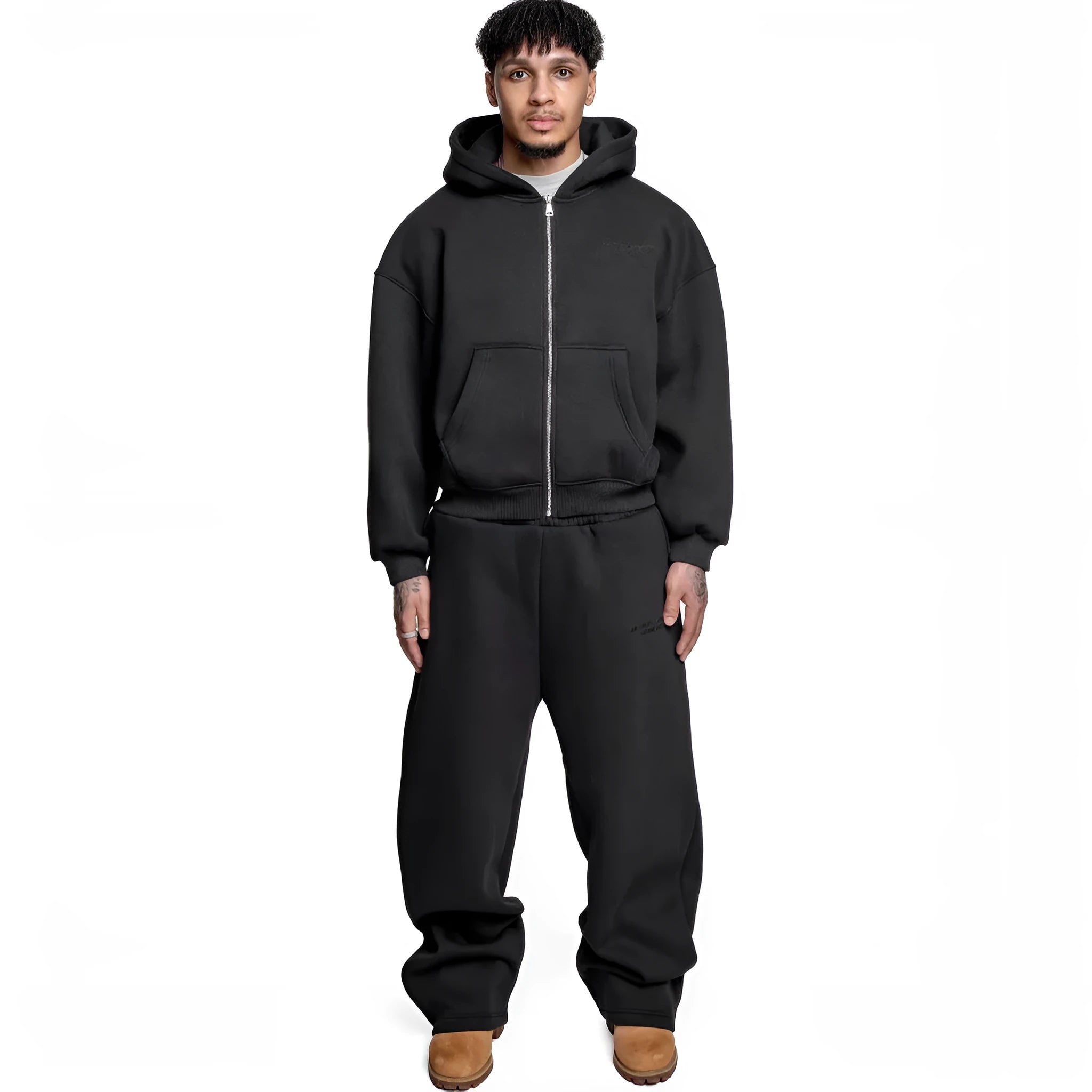 Two-piece printed street fashion suit with loose straight trousers in four colours black white sky blue orange