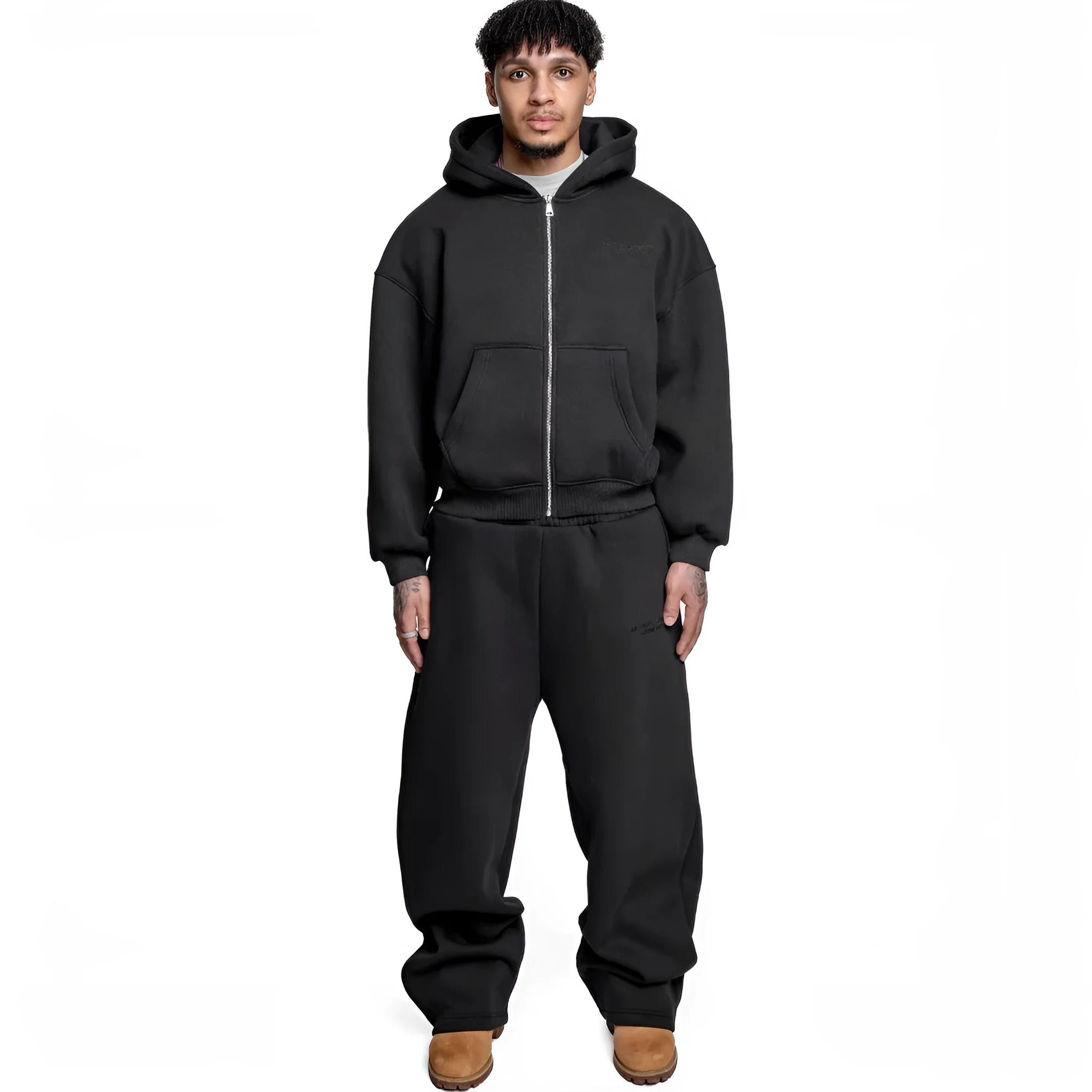 Printed street fashion two-piece suit with letter pattern sweater and loose straight trousers in black