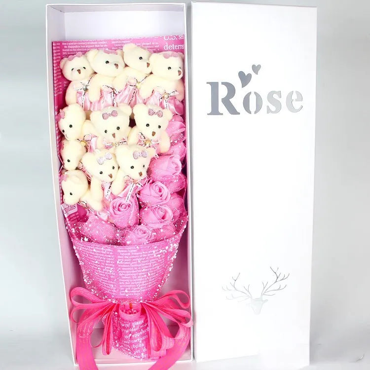 Handmade bouquet of 11 plush bears and 11 chiffon roses in a rose gift box