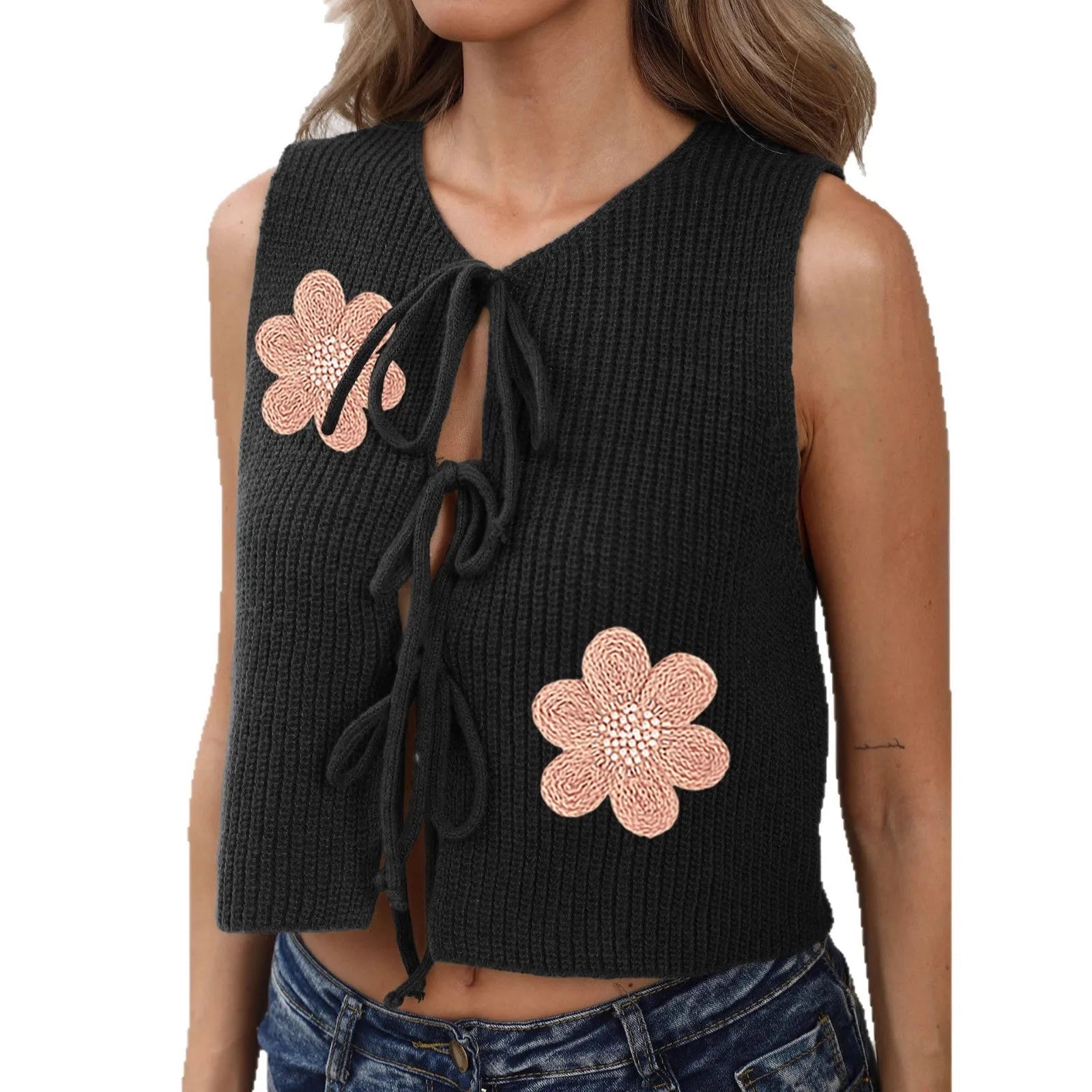 Ladies' army green sleeveless vest coat with lace-up bow and floral pattern on deer plush fabric.