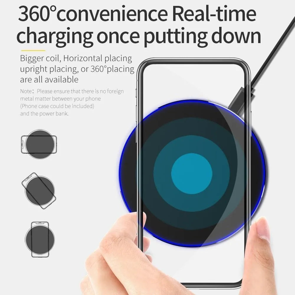 Black square QI wireless charging base measuring 98x98mm with ultra-thin 6.5mm profile