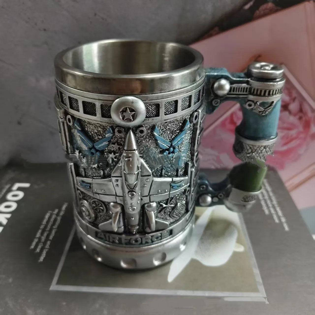Creative resin stainless steel wine glass mug in modern simplicity style, showing Type A colour option on a neutral background