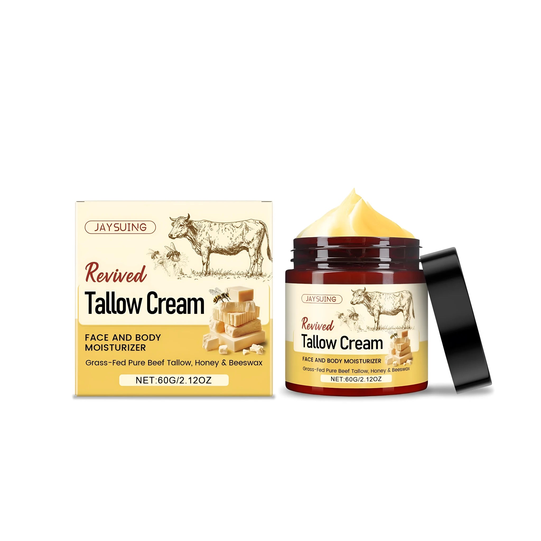 A 60g glass jar of Revived Tallow Cream moisturising cream with beeswax, honey and olive oil.