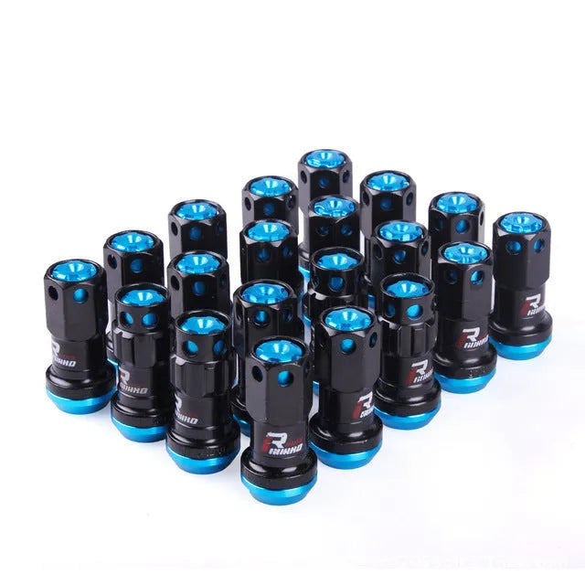 Set of aluminium alloy universal wheel hub nuts in various two-tone colours including black gold and red.