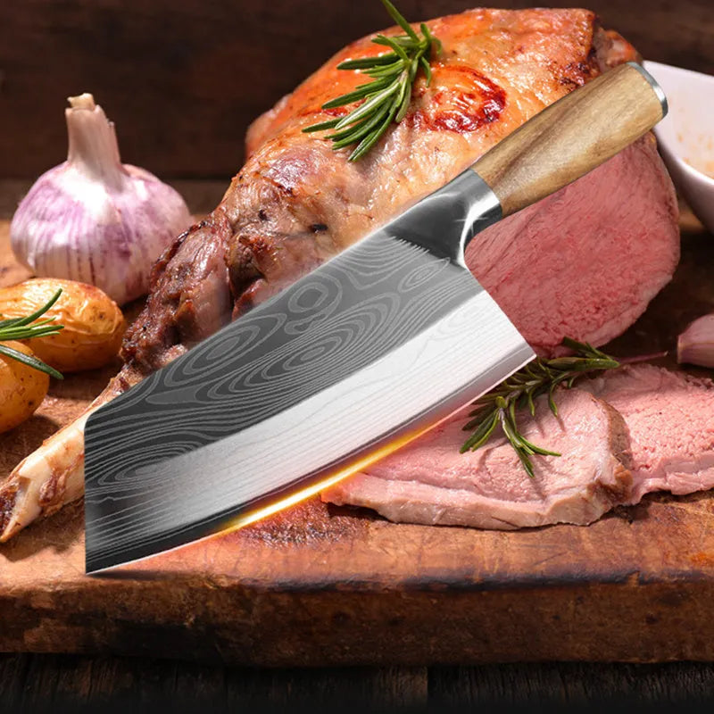 Stainless steel kitchen knife with forged 40cr13 blade, 320mm length, ice fire dual tempering, photo colour