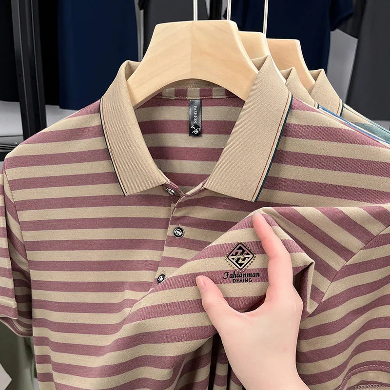 Men's striped short sleeve shirt with mosaic pattern in red, blue, or green colours