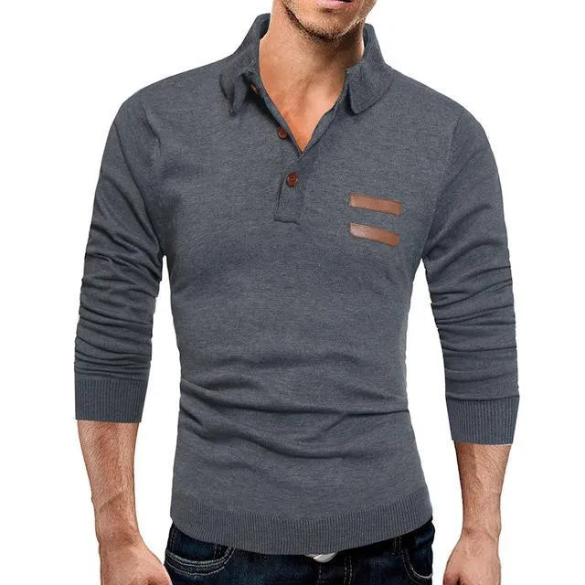 Men's casual slim knit polo shirt in black, shown on a hanger, with a classic collar and button placket