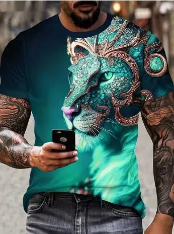 Men's black T-shirt with a large, fierce 3D lion head print on the front
