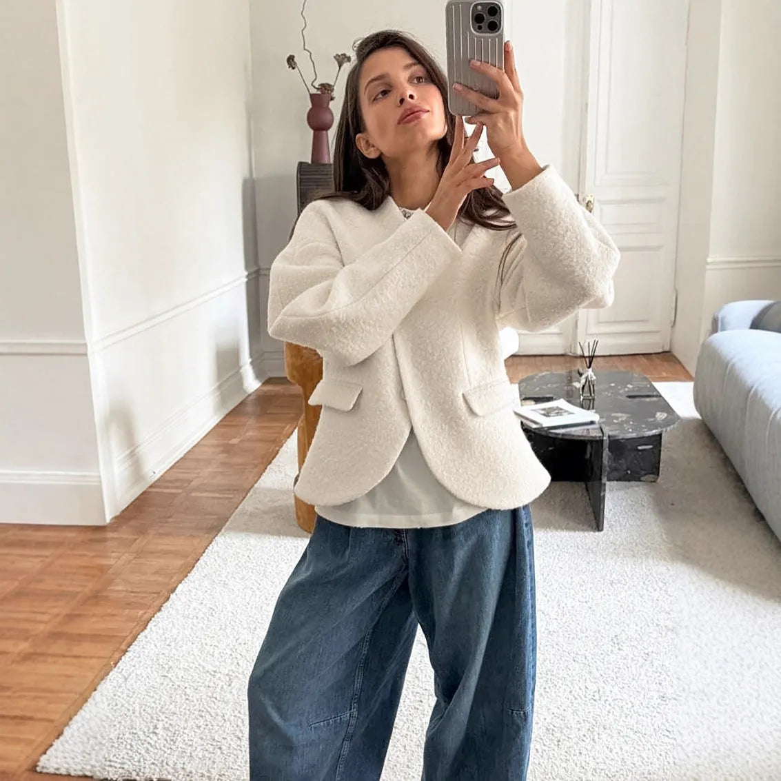 Women's coarse woolen thick polyester coat in solid white with raglan sleeves and stitching details