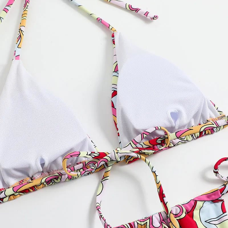 Women's triangle printed bikini with halter neck top and separate bottom in multicolour