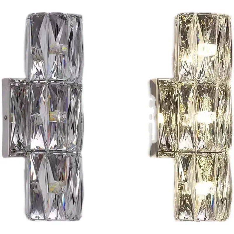 Crystal wall lamp with LED tri-colour light in chrome or gold finish showing multiple size options