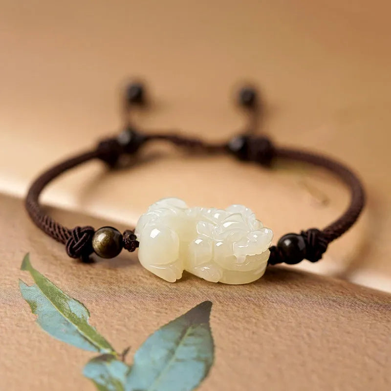 Hetian jade bracelet with black and red braided ropes traditional Chinese jewellery