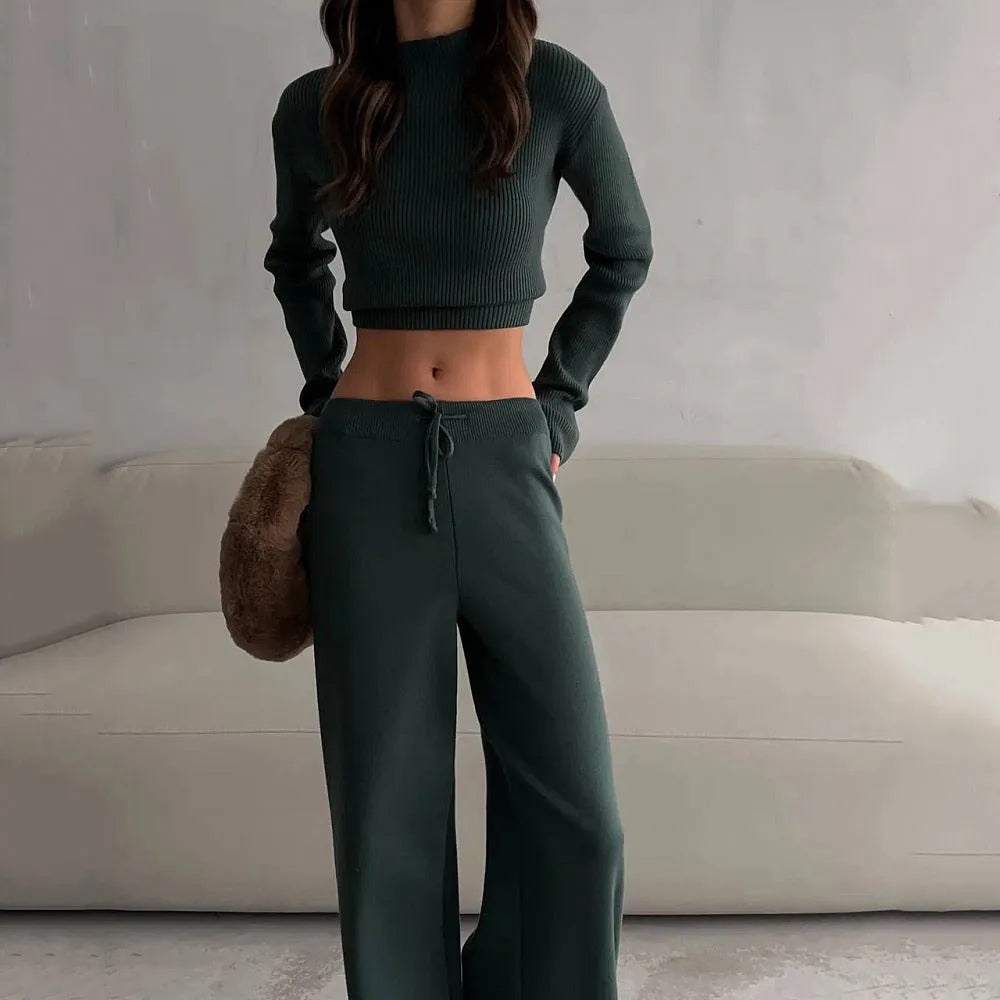Women's cotton blend suit set in solid colour with long-sleeve top and trousers, apricot tone, street fashion style