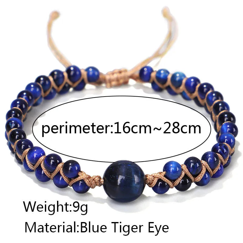 Handmade woven geometric pull bracelet with adjustable cord in blue tigereye or amethyst stone beads