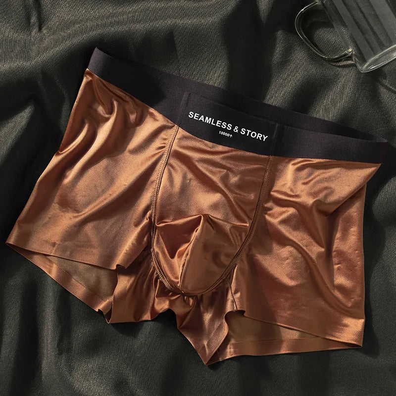 Men's satin ice silk underwear in mid waist design showing traceless construction