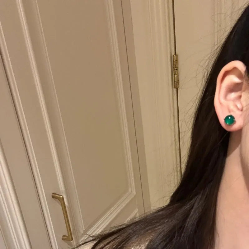 Chinese style chalcedony stud earrings with copper four-claw setting in three colour options