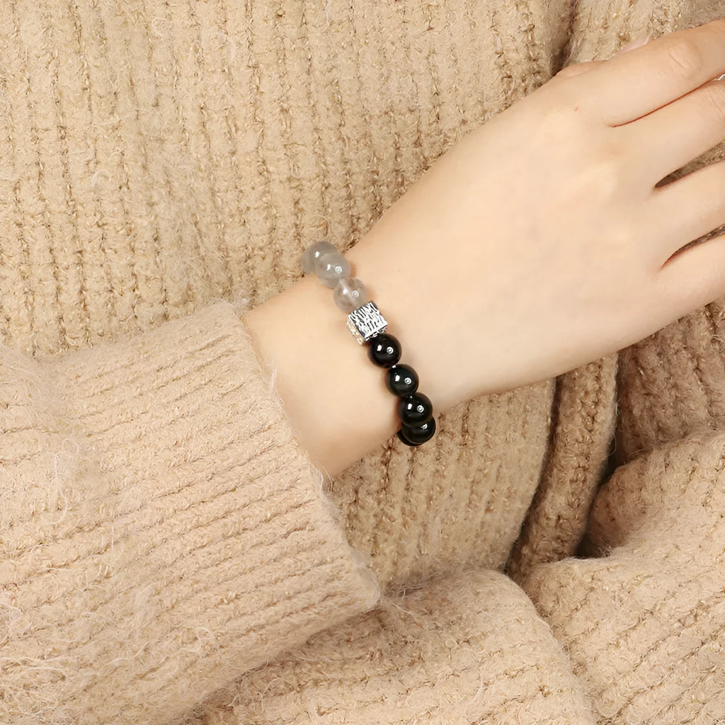 Chinese-style geometric polished crystal couple bracelet with 10mm bead size in khaki colour