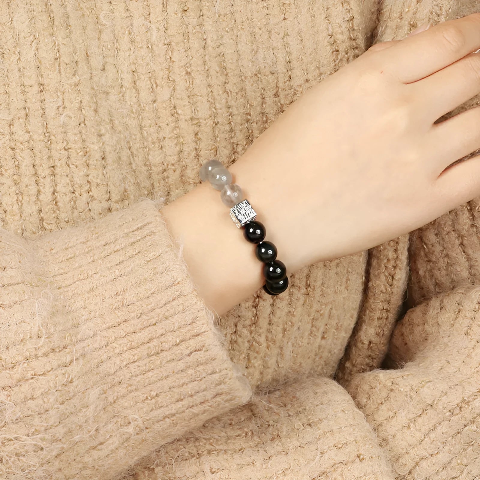 Chinese-style geometric polished crystal couple bracelet with 10mm bead size in khaki colour