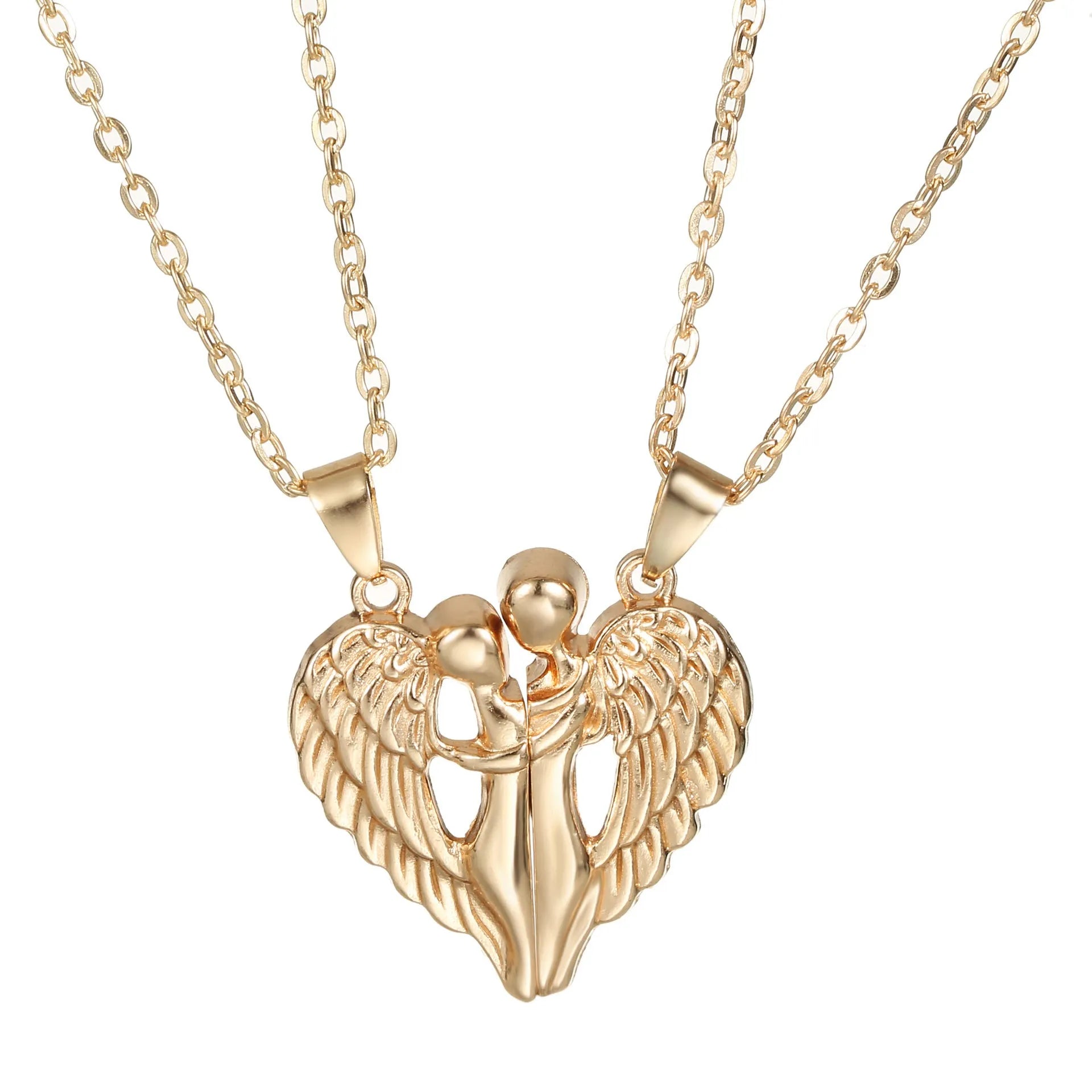 Angel Wings Hug Necklace pendant showing magnetic heart and wing design on alloy chain