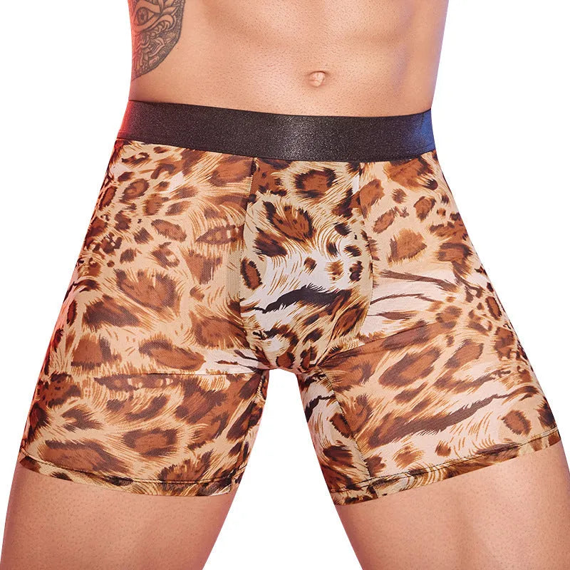 Men's leopard print boxer shorts with elastic waistband, nylon fabric construction