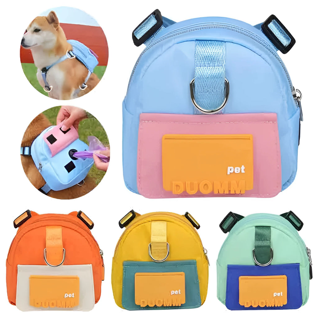Blue adjustable dog backpack harness with storage compartment and a tow rope laid flat