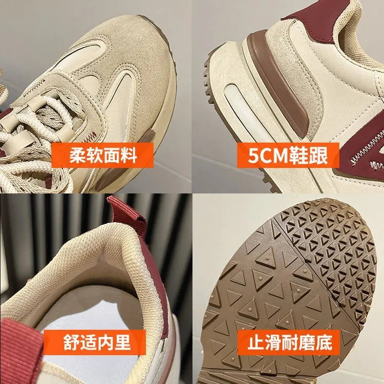 Women's black and khaki red retro platform sports shoes with round toe and lace-up front