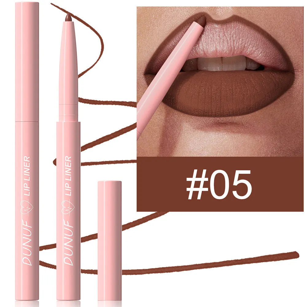Twelve velvet matte lip liner pencils in a row showing different shades from a 12-colour collection.