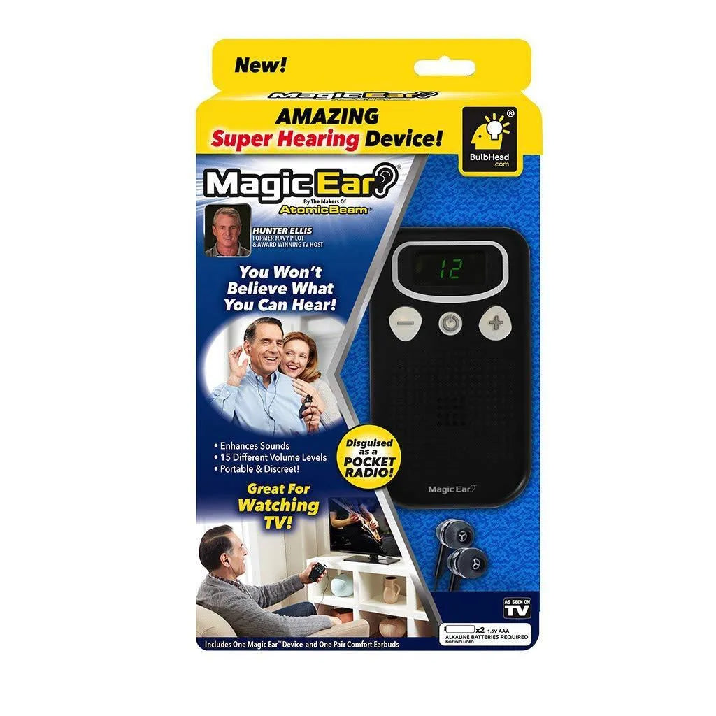 Digital display personal hearing aid booster in brilliant colour with handheld FM radio design.