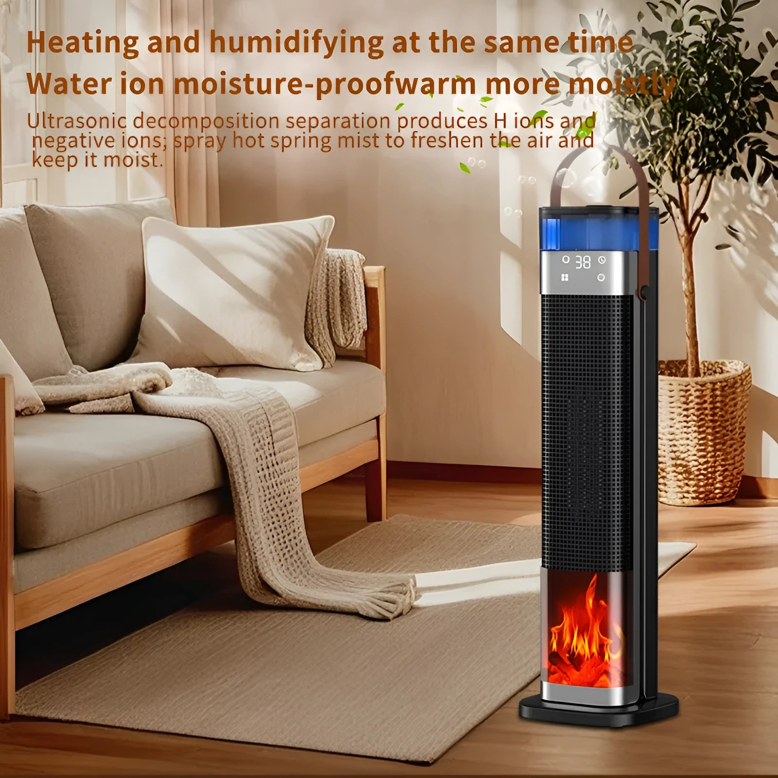 Tall, slim intelligent vertical heater with humidification function and remote control on a wooden floor.