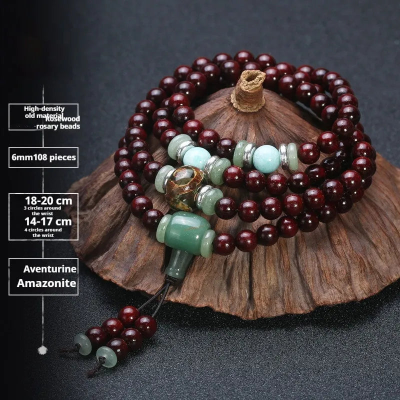 Men's rosewood bracelet with 108 beads, showing 6mm and 8mm size options alongside styles like lapis lazuli and turquoise.