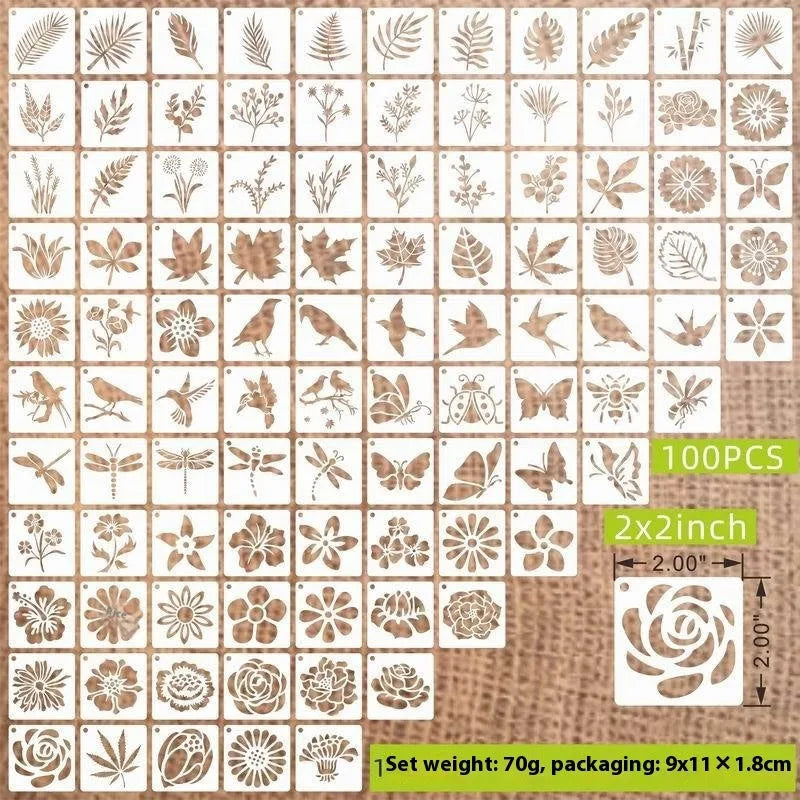 Milky white PET film hollow spray painting stencils showing animal, letter, and floral patterns at 2-inch size