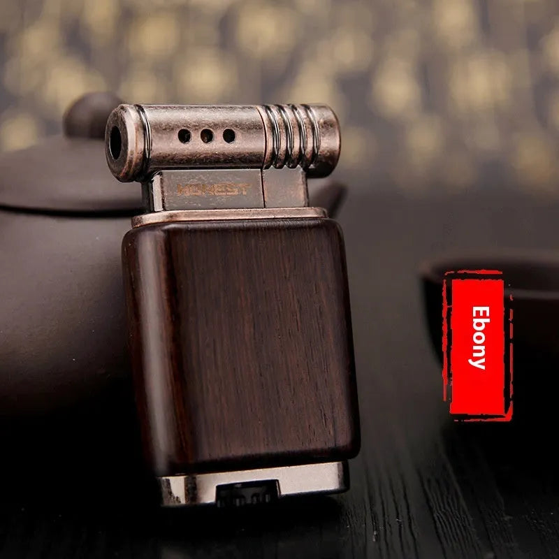 Ebony gas lighter in black wood and rosewood decorative designs