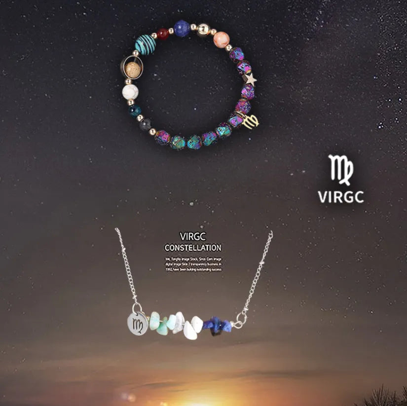 Natural stone necklace and bracelet set on display showing zodiac sign style options