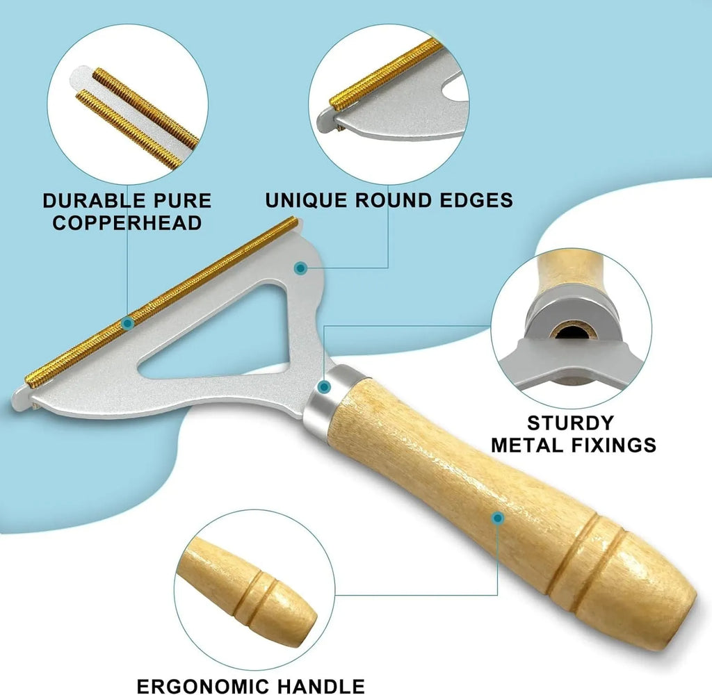 Three-piece pet hair remover set with beech wood handle, silicone brushes, and round plastic cleaner.