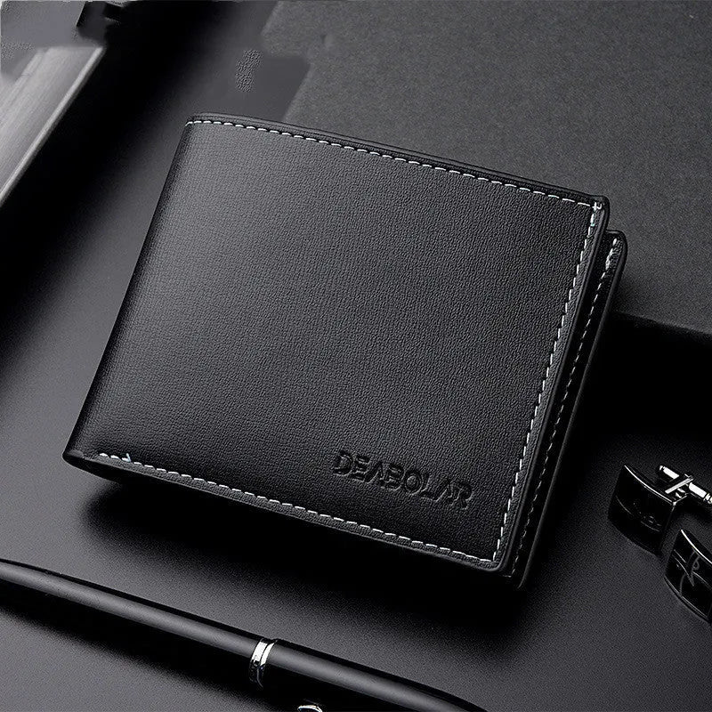 Men's PU leather bi-fold short wallet with car suture design in black