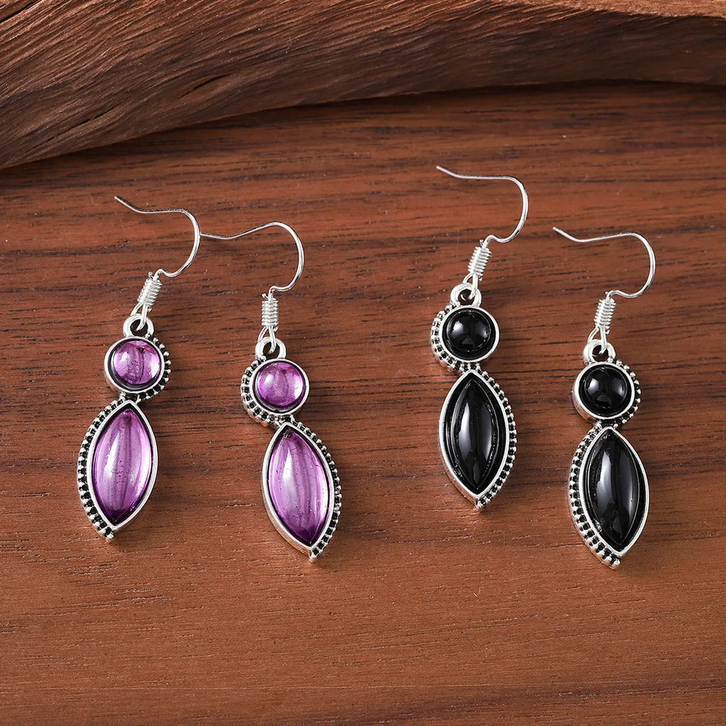 Vintage geometric earrings with black and purple electroplated finish, zinc alloy construction with retro bohemian styling