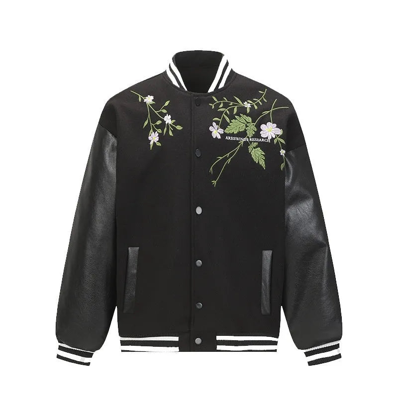 Men's retro plant flower embroidered coat in apricot loose fit polyester with side pockets