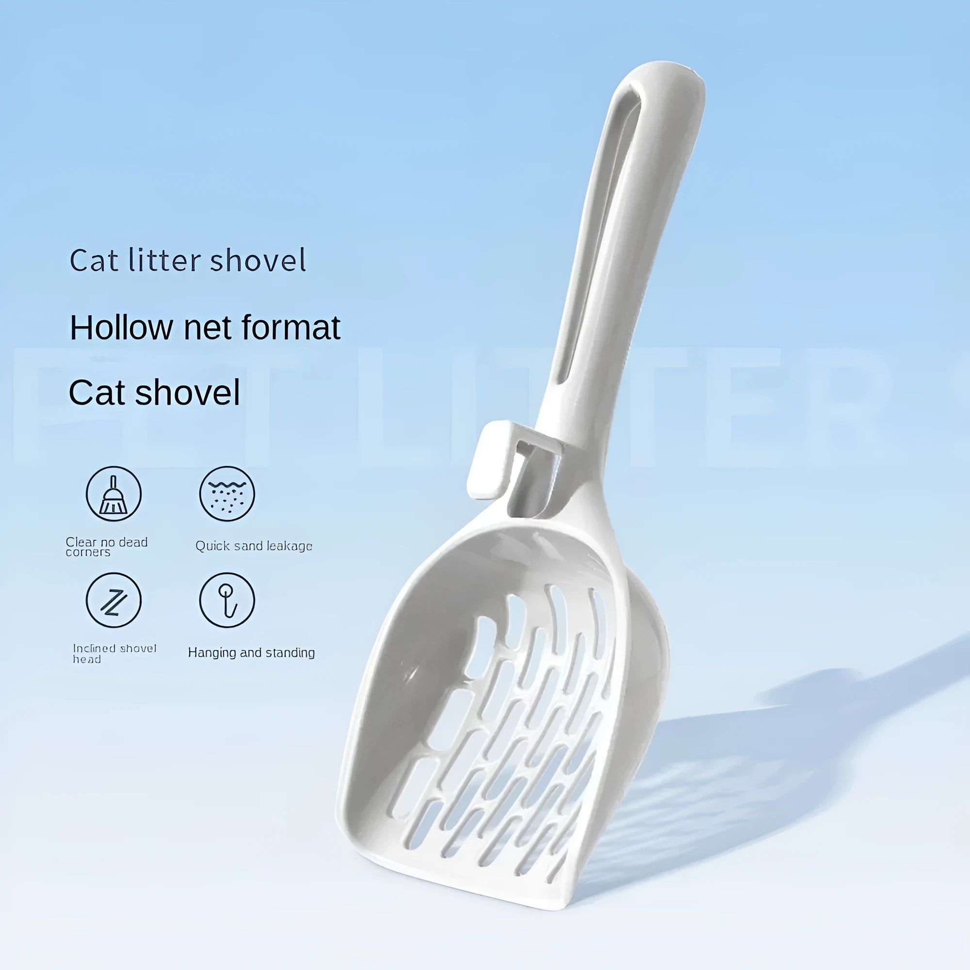 Grey plastic cat litter scoop with attached waste collection base tray